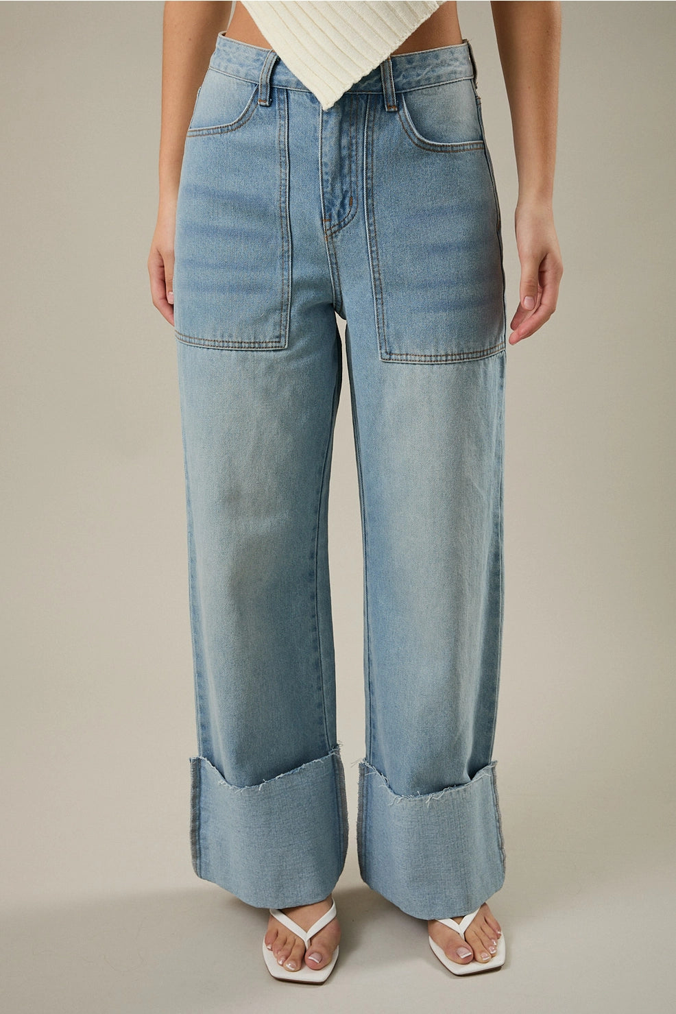 High Waisted Wide Leg Cuffed Jeans