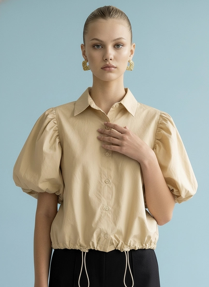 Tan Pouf Sleeve Blouse