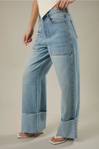 High Waisted Wide Leg Cuffed Jeans