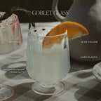 Goblet glass with a drink and orange slice on a checkered tablecloth, with product features listed above.