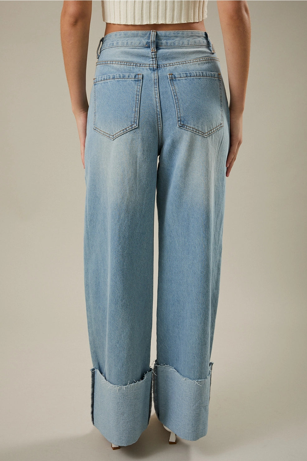 High Waisted Wide Leg Cuffed Jeans