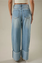 High Waisted Wide Leg Cuffed Jeans