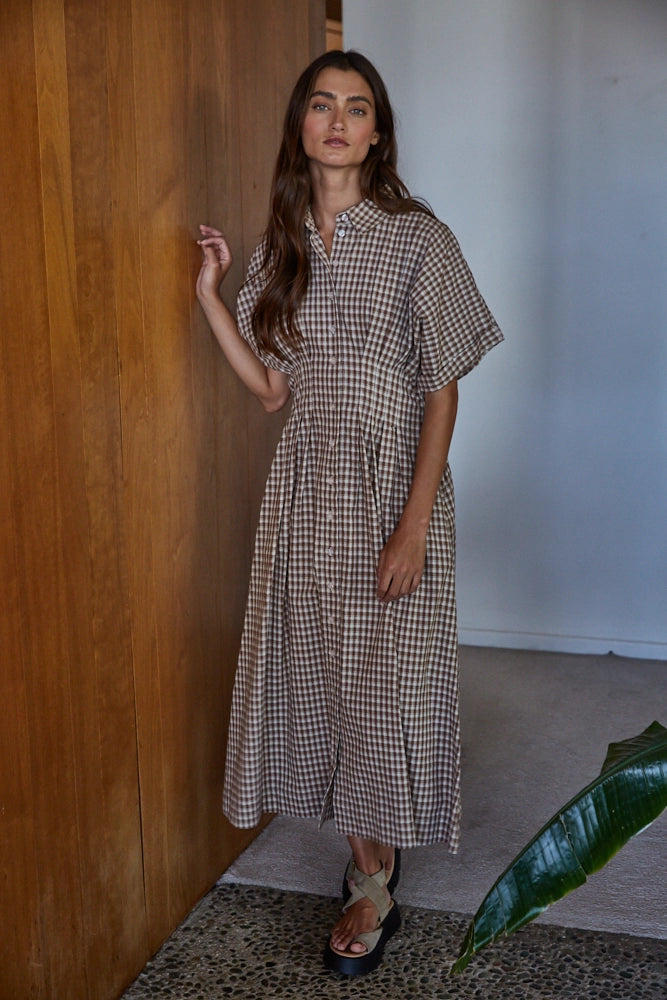 Woman wearing a checkered dress standing indoors with a wooden wall and plant in the background.