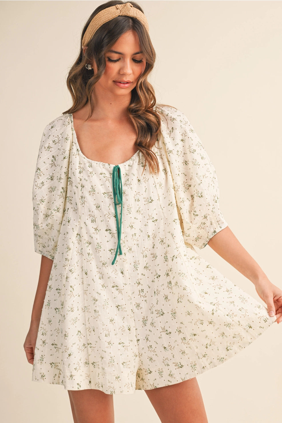 Green Cream Floral Romper