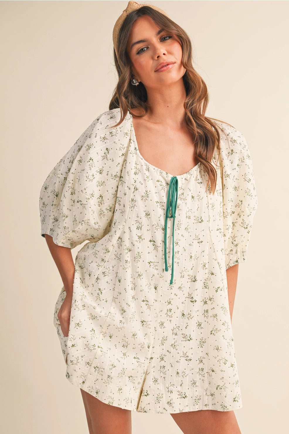 Green Cream Floral Romper