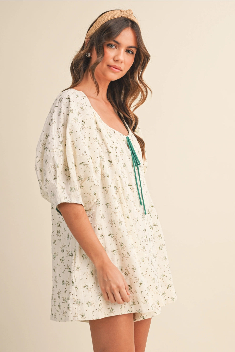 Green Cream Floral Romper