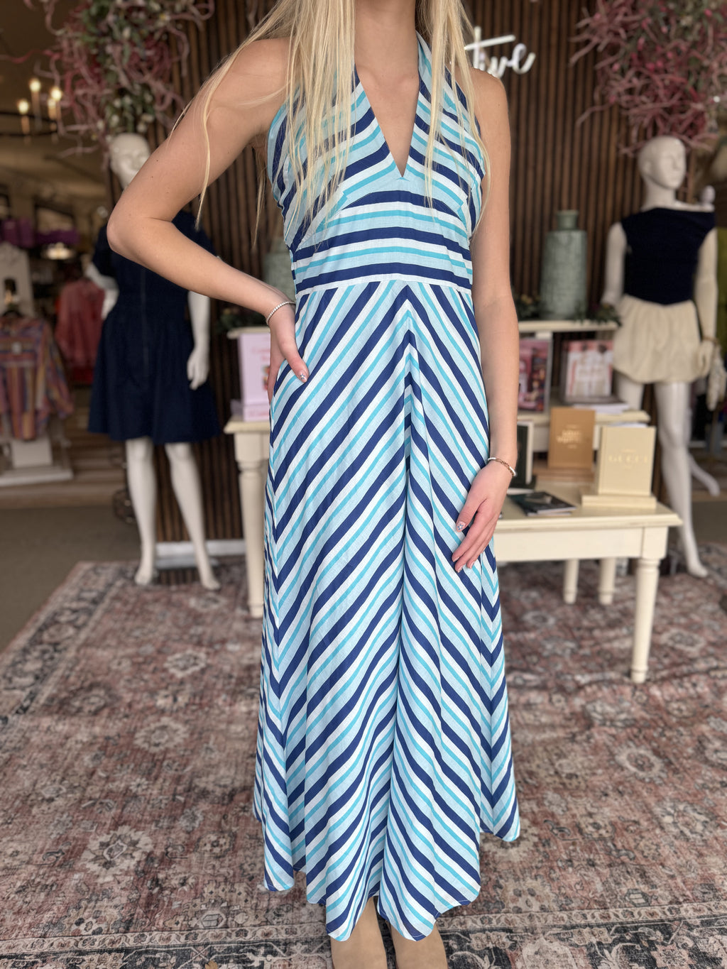 French Blue Stripe Halter Dress