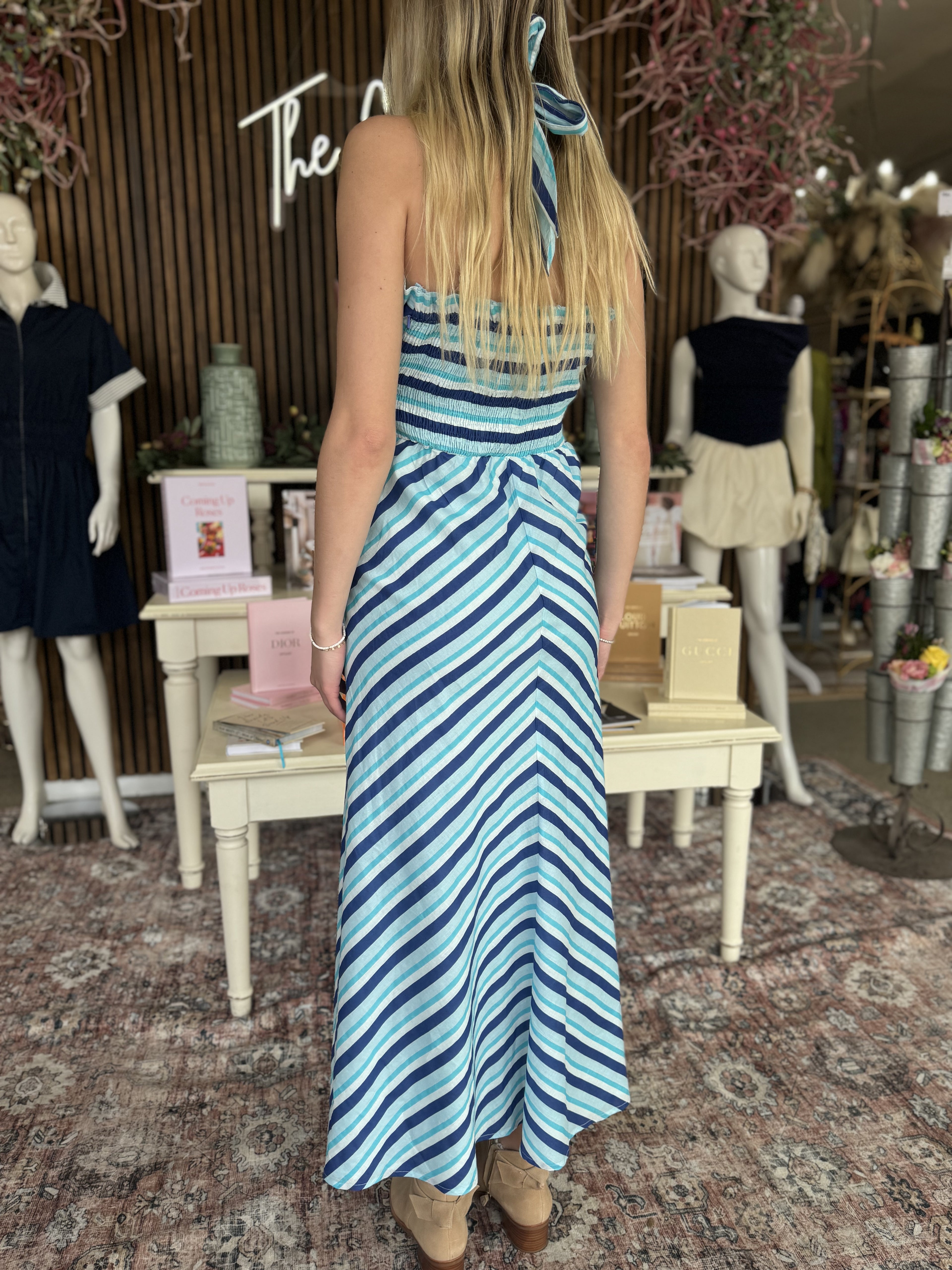 French Blue Stripe Halter Dress