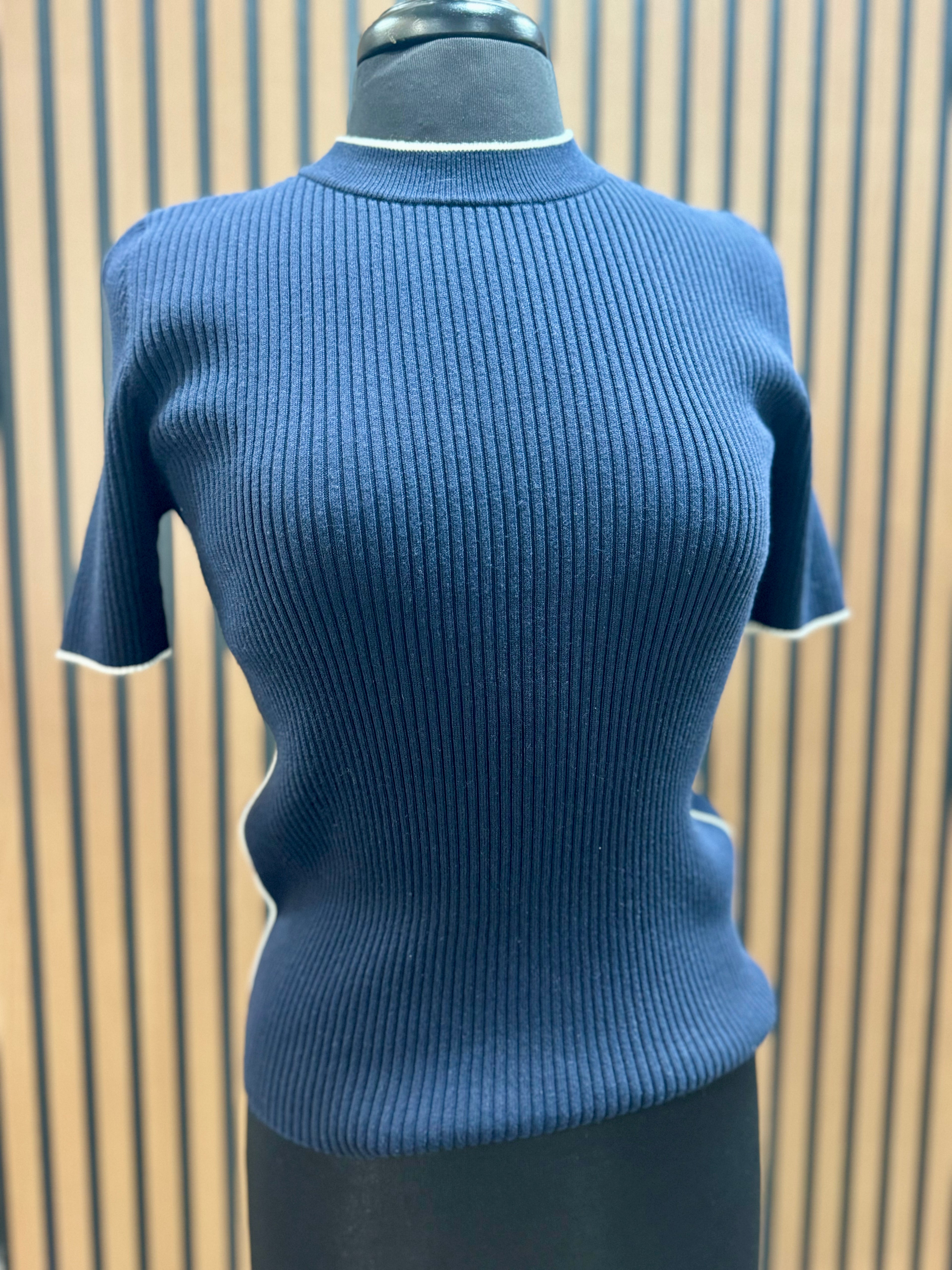 Navy White Trim Sweater Top