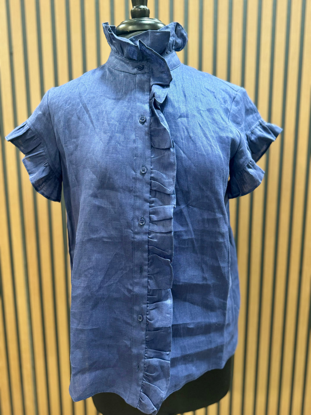 Navy Ruffle Button Down