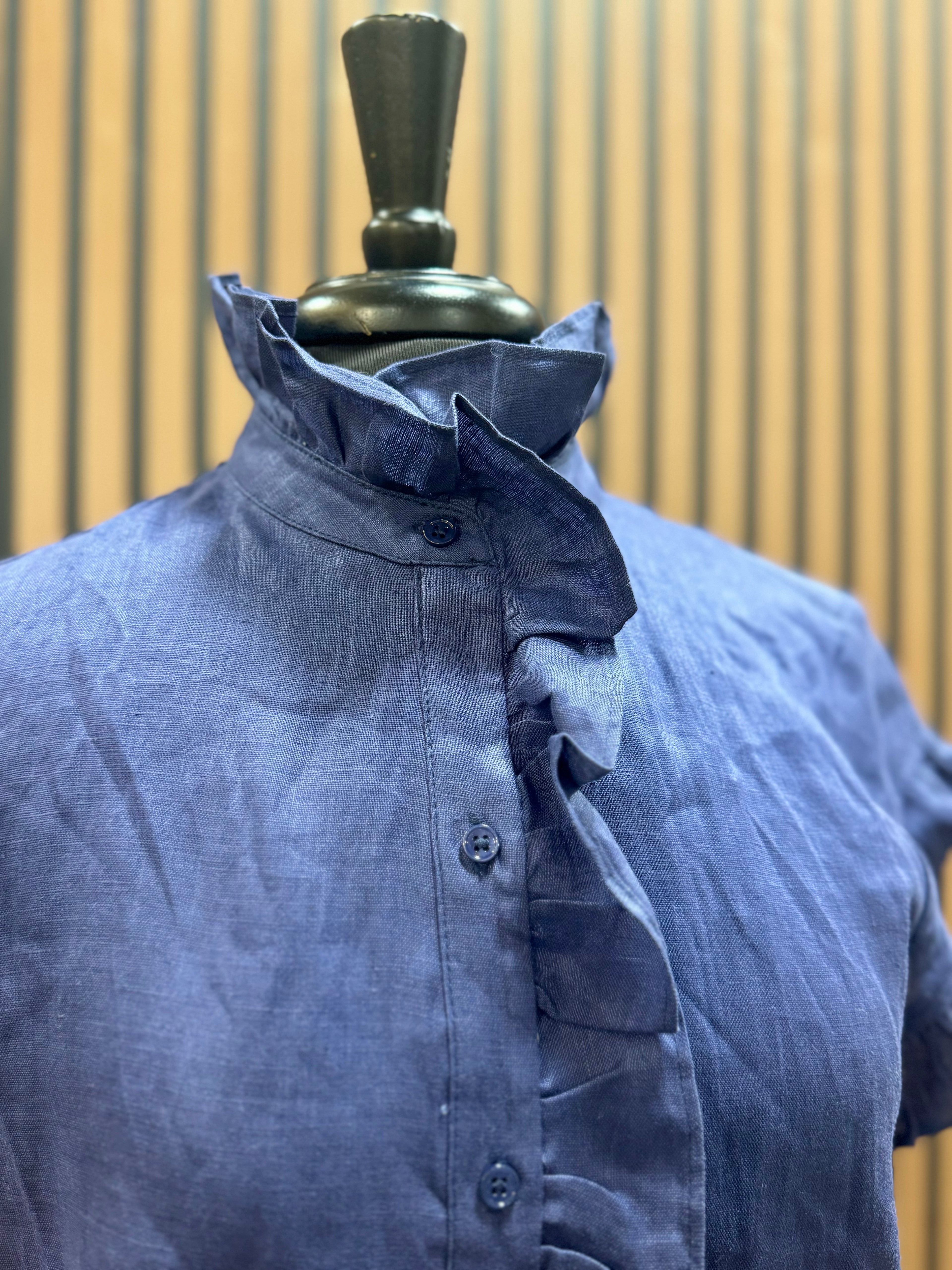 Navy Ruffle Button Down