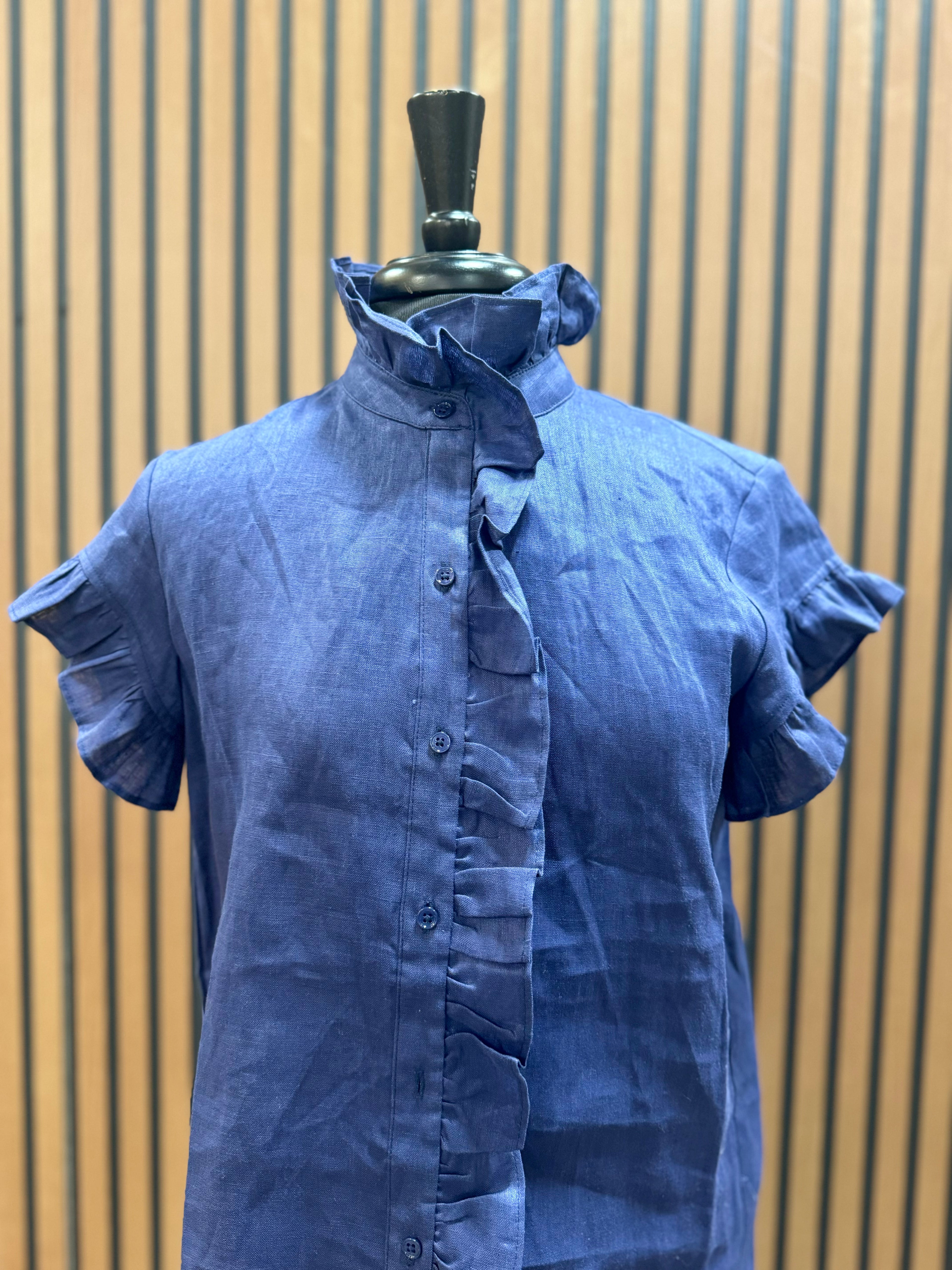 Navy Ruffle Button Down