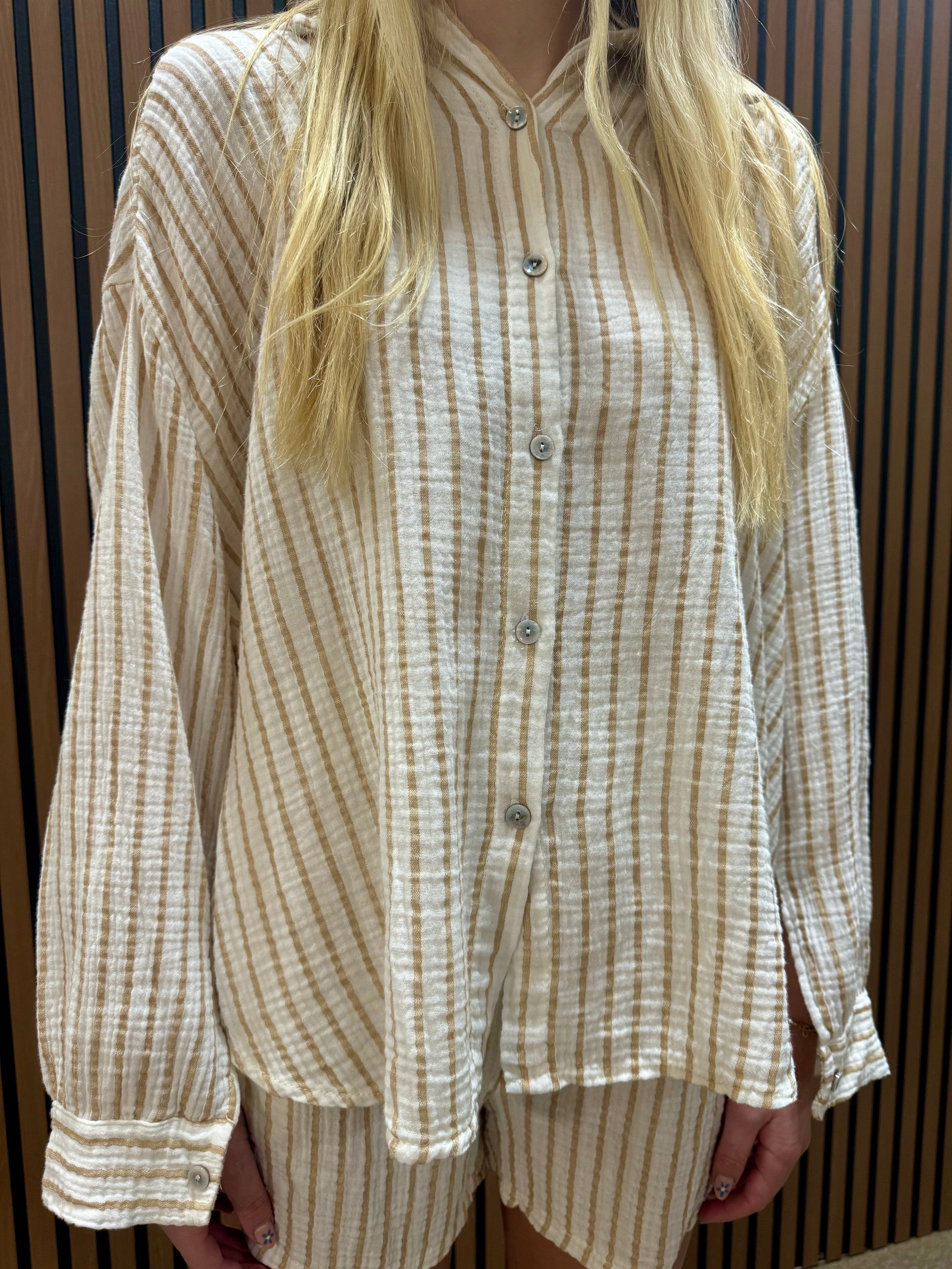 Tan White Stripe Button Down