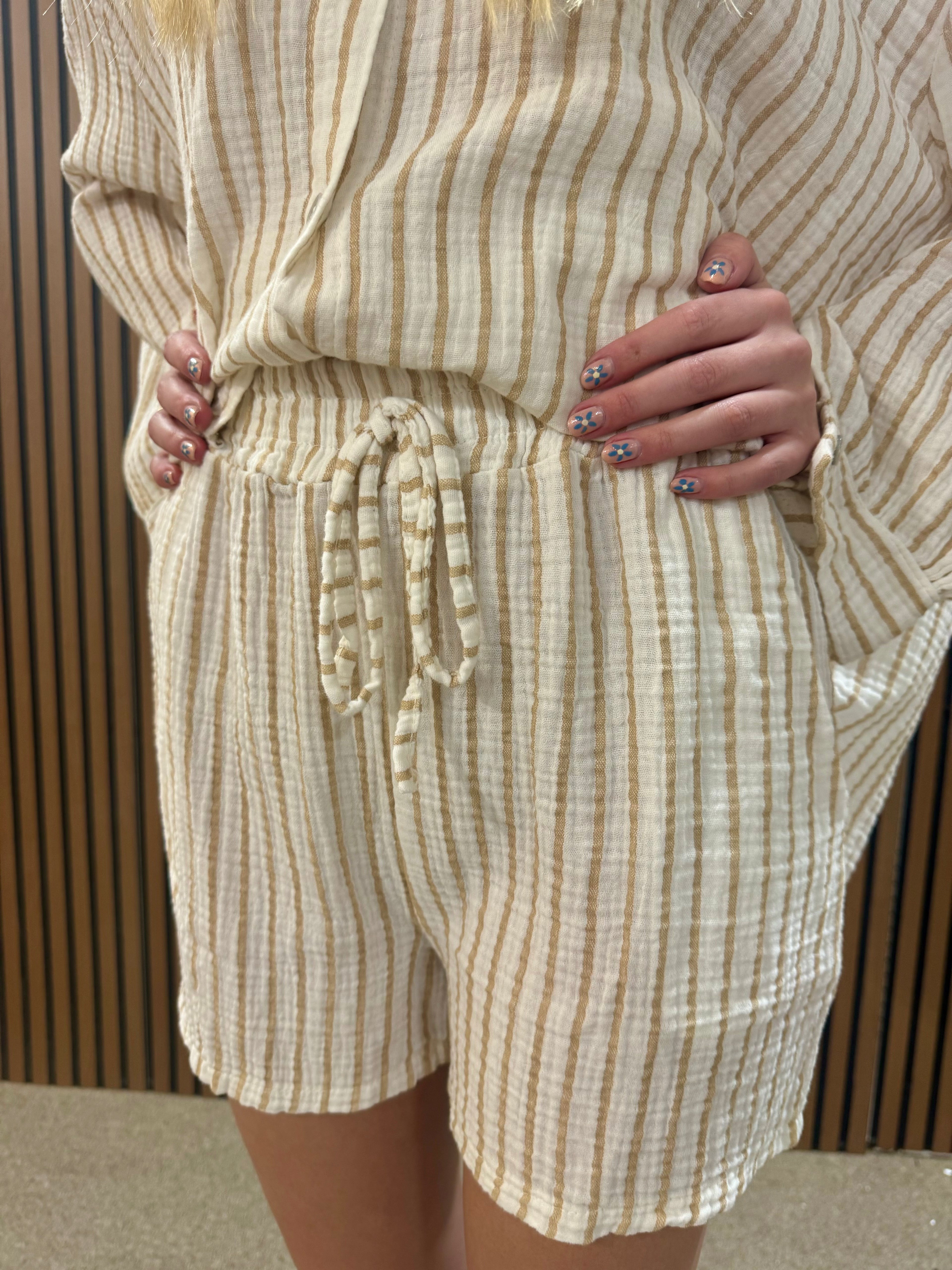 Tan White Stripe Shorts