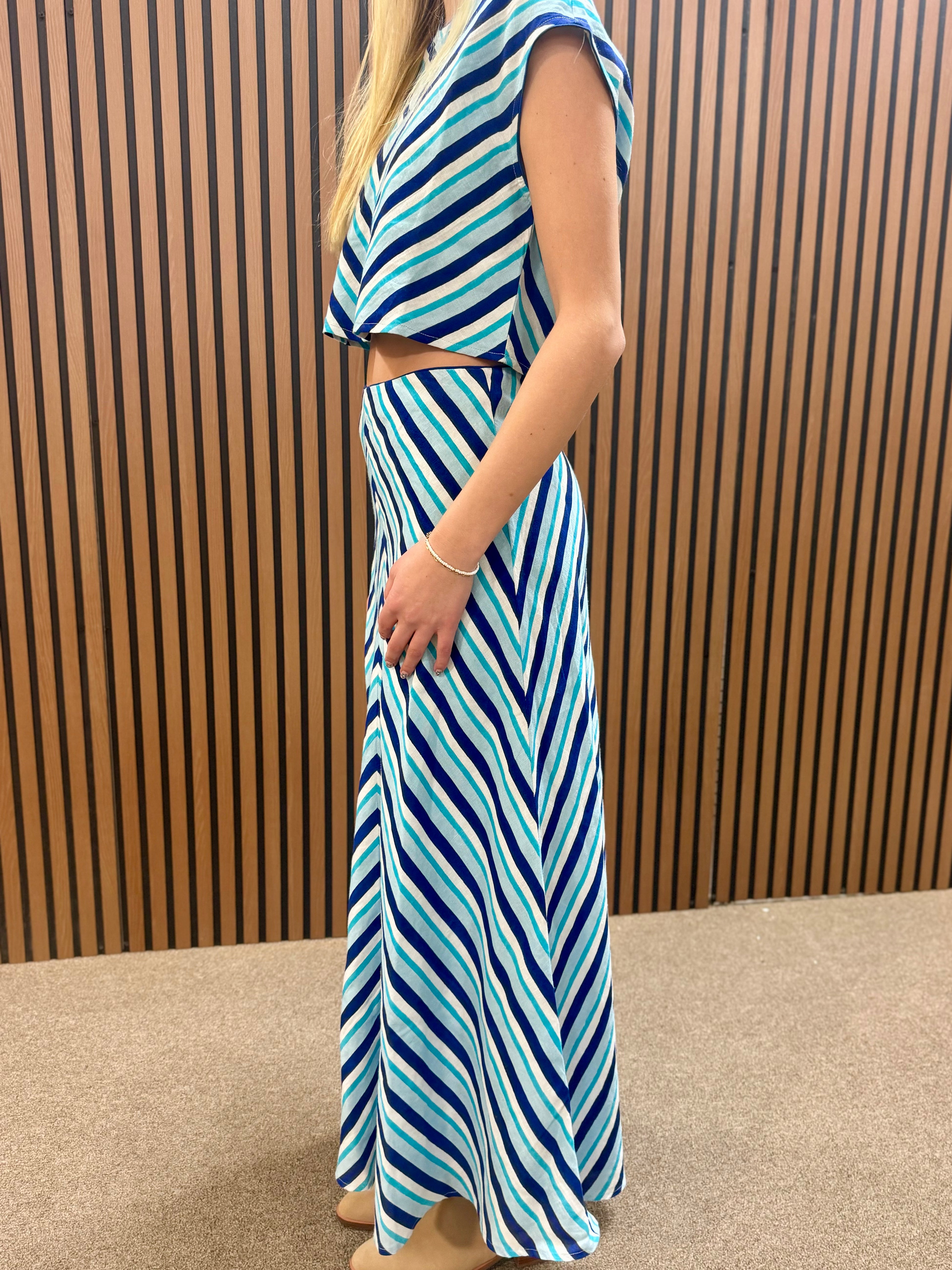 French Blue Stripe Linen Blend Skirt