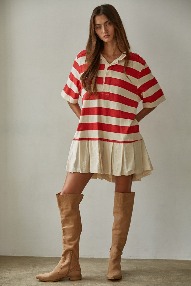 Striped Collared Pleat Mini Dress