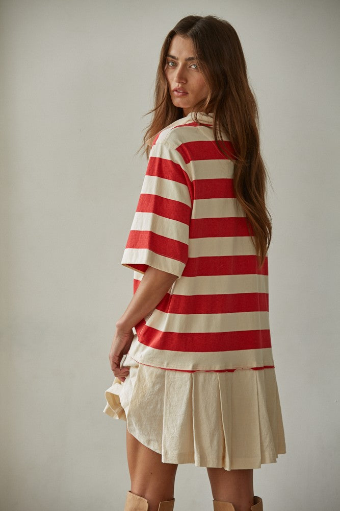 Striped Collared Pleat Mini Dress