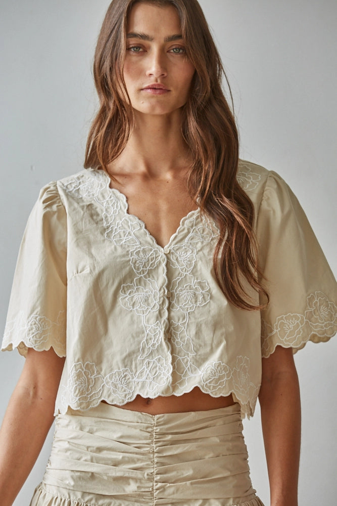 Floral Embroidered V Neck Top
