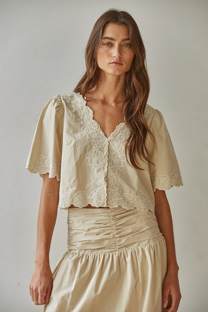 Floral Embroidered V Neck Top