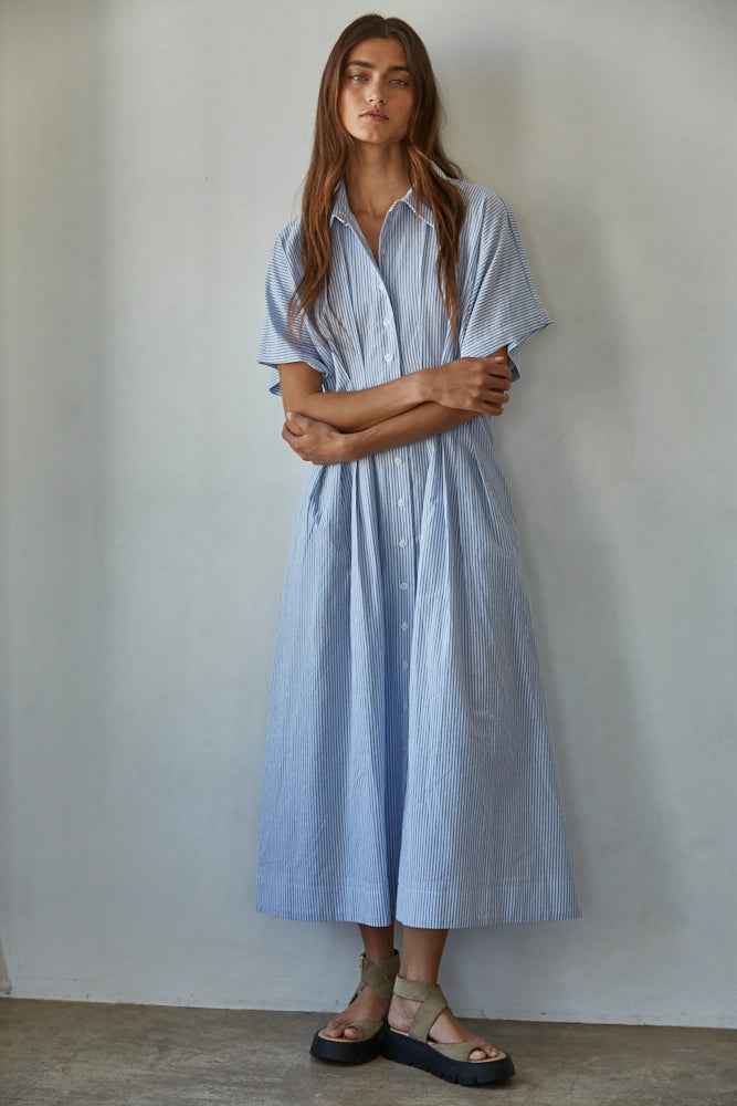 Woven Stripe Pleated Flare Dress- Blue