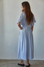 Woven Stripe Pleated Flare Dress- Blue