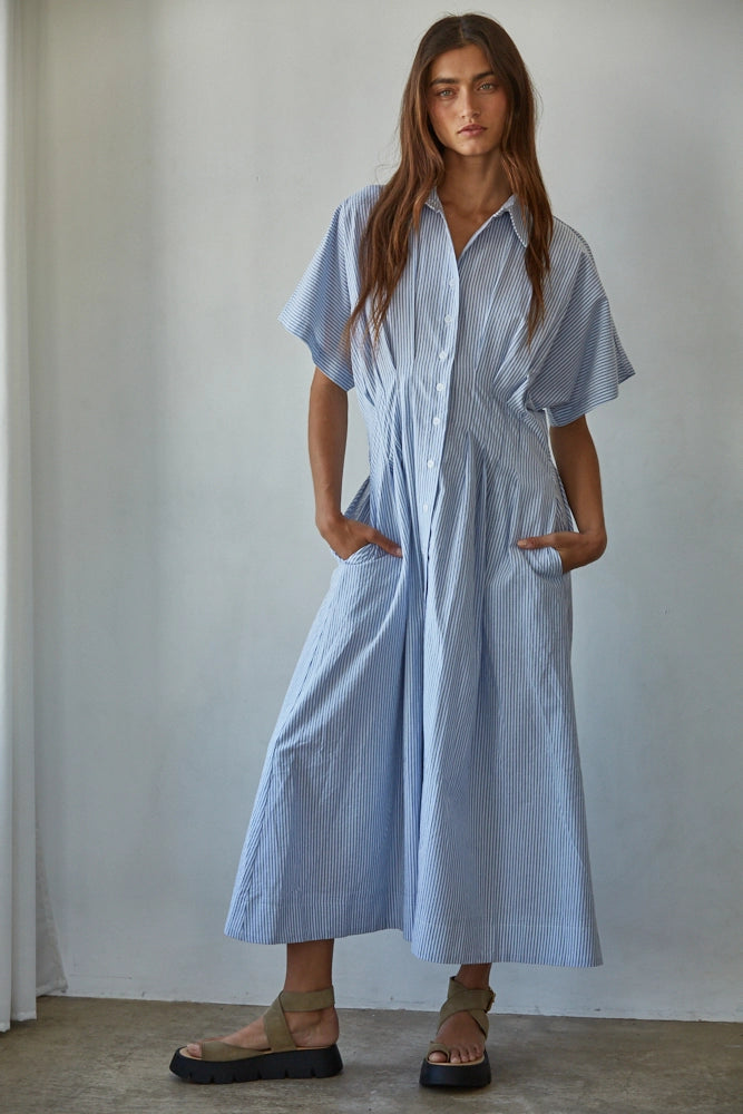 Woven Stripe Pleated Flare Dress- Blue