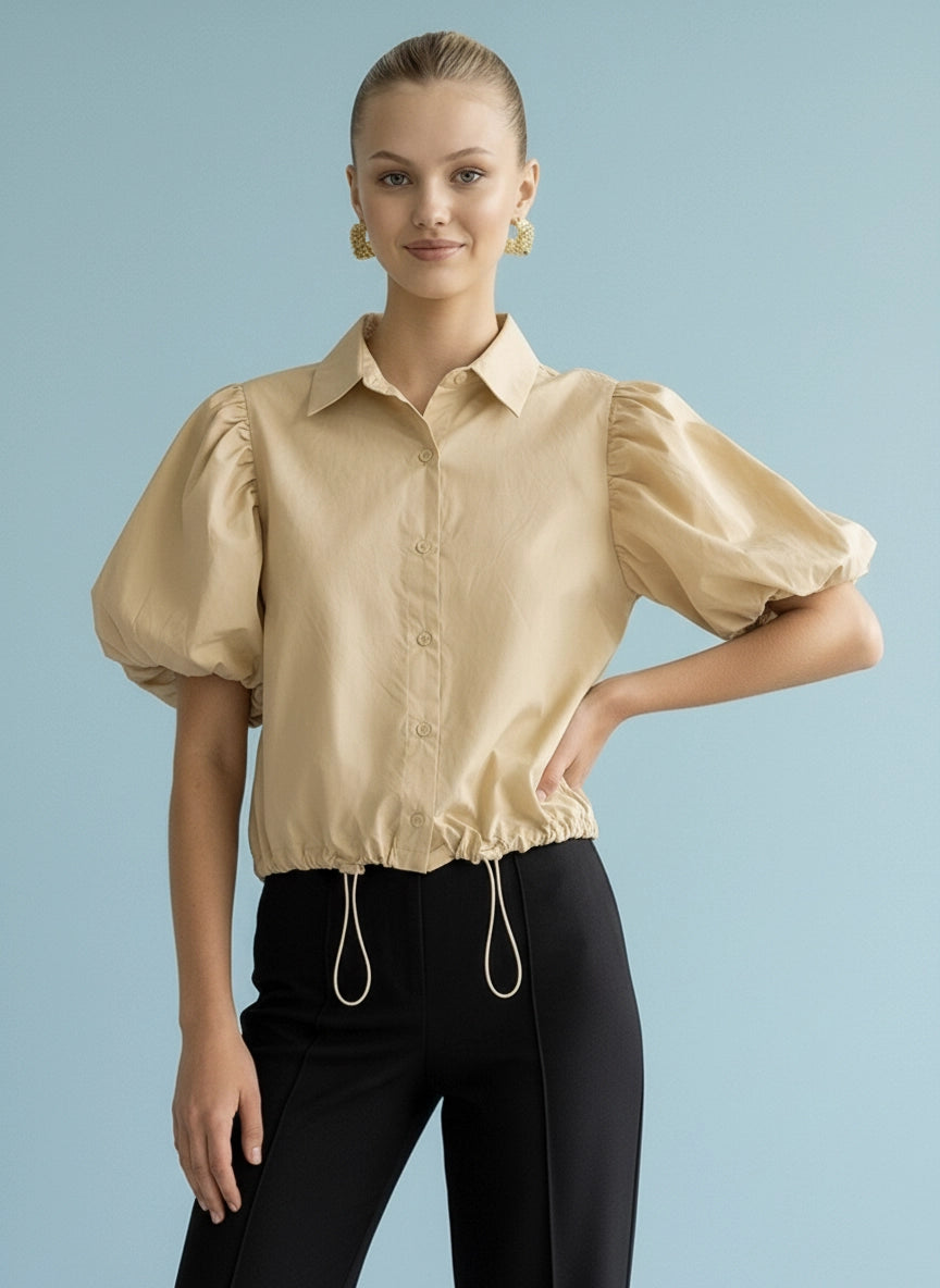 Tan Pouf Sleeve Blouse