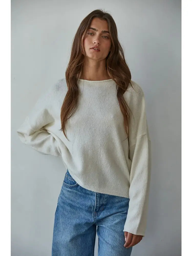 White Rolled Round Neck Pullover Top