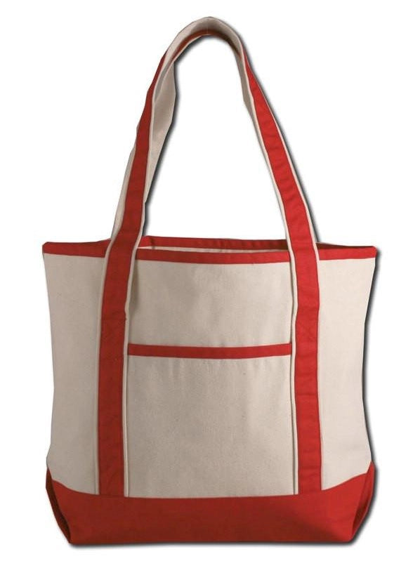Red and beige tote bag on a white background