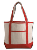 Red and beige tote bag on a white background